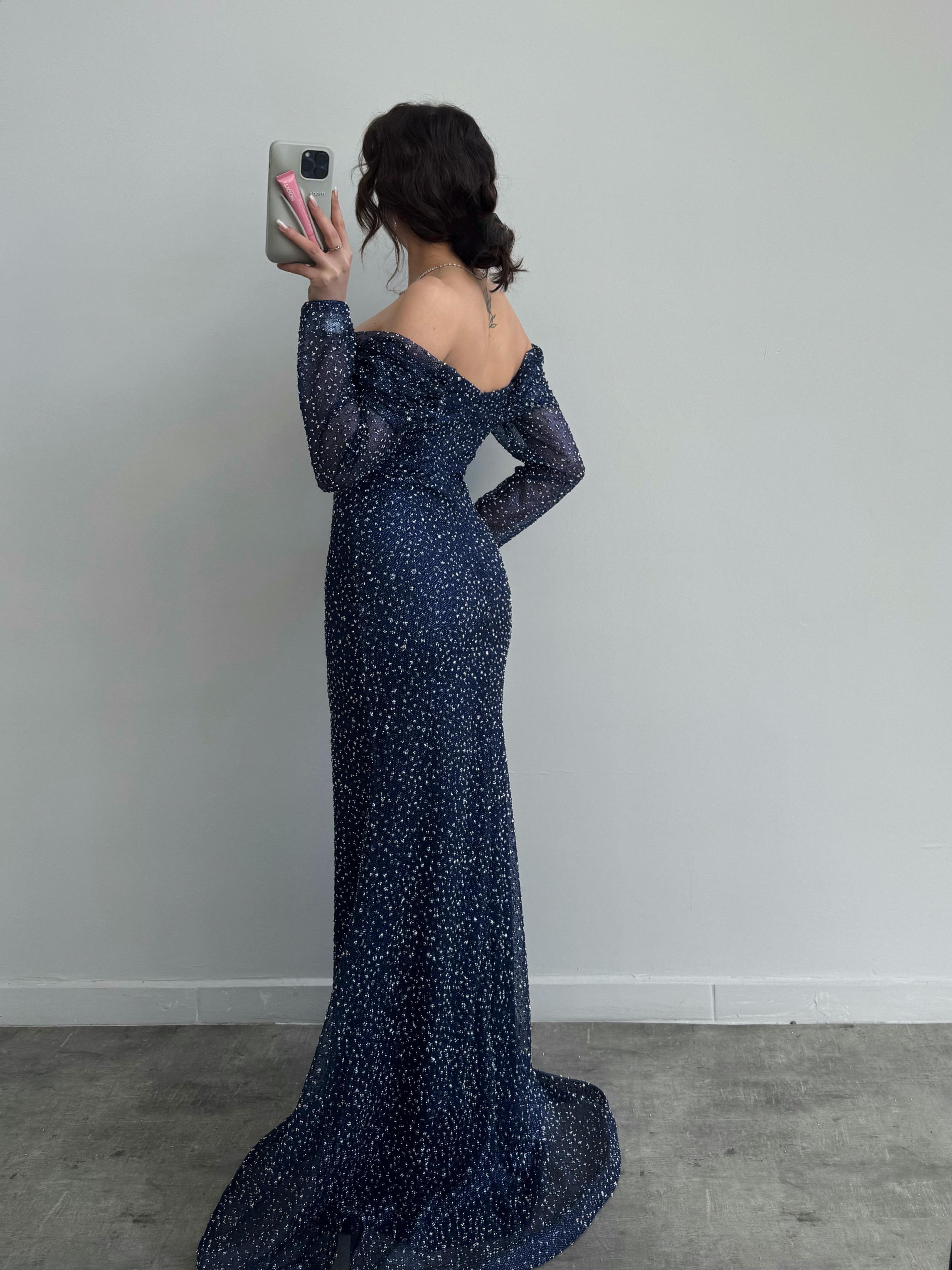 Beaded Off-Shoulder Long Sleeve Maxi Dress - Navy