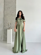 Off-Shoulder Bow Structured Satin Maxi Dress - Olive Green