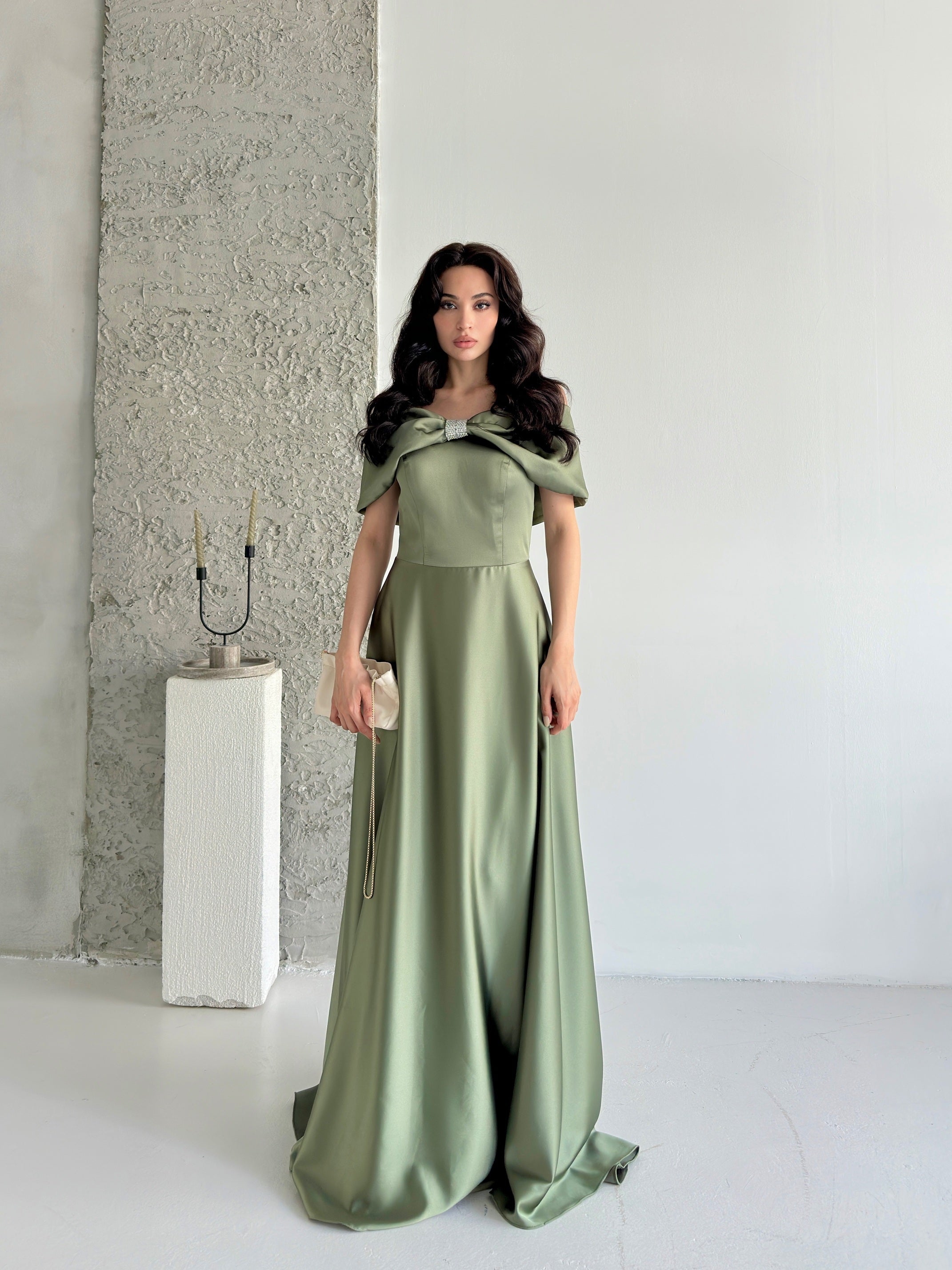 Off-Shoulder Bow Structured Satin Maxi Dress - Olive Green