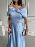 Off-Shoulder Bow Structured Satin Maxi Dress - Baby Blue