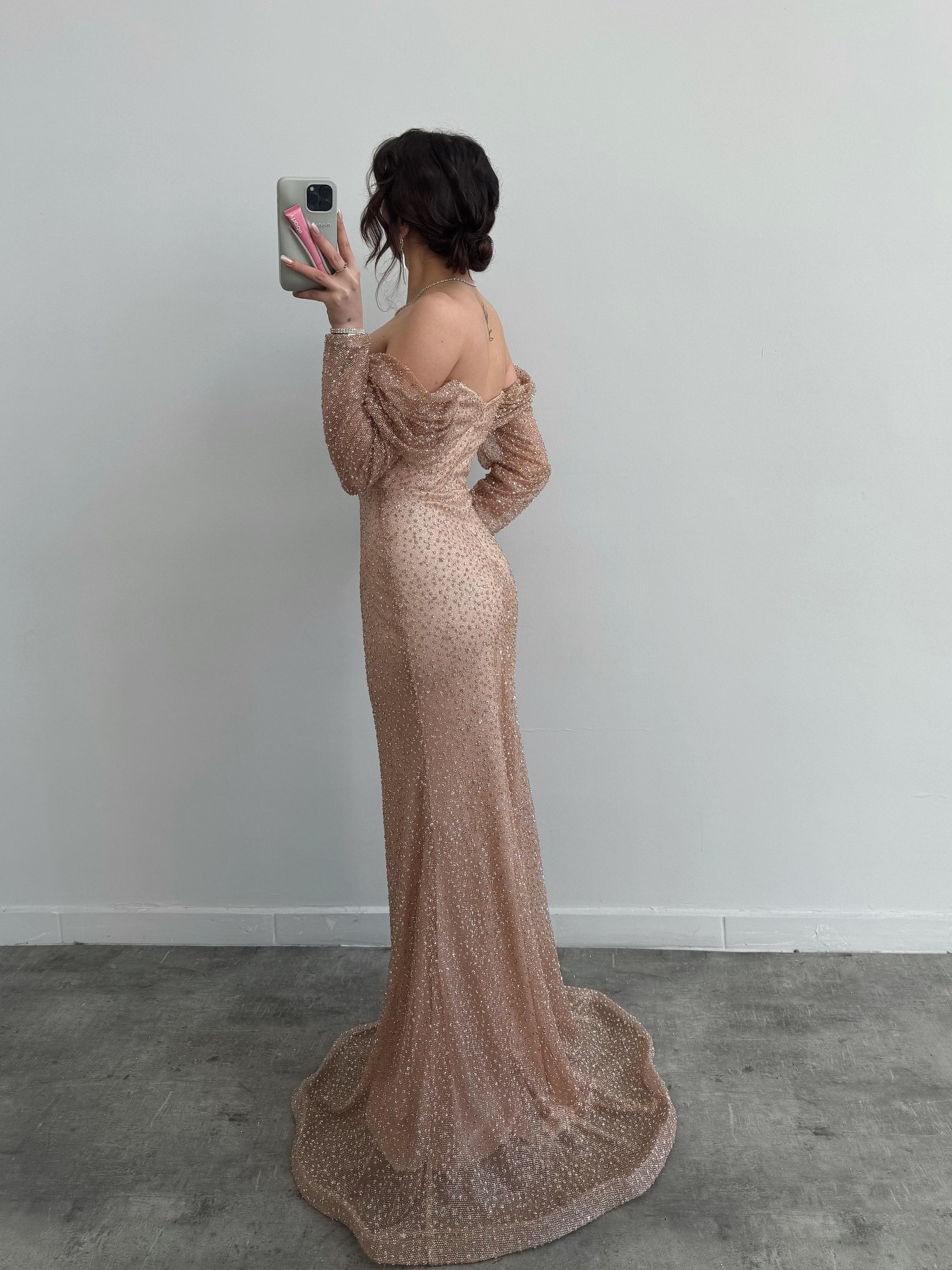 Beaded Off-Shoulder Long Sleeve Maxi Dress - Gold