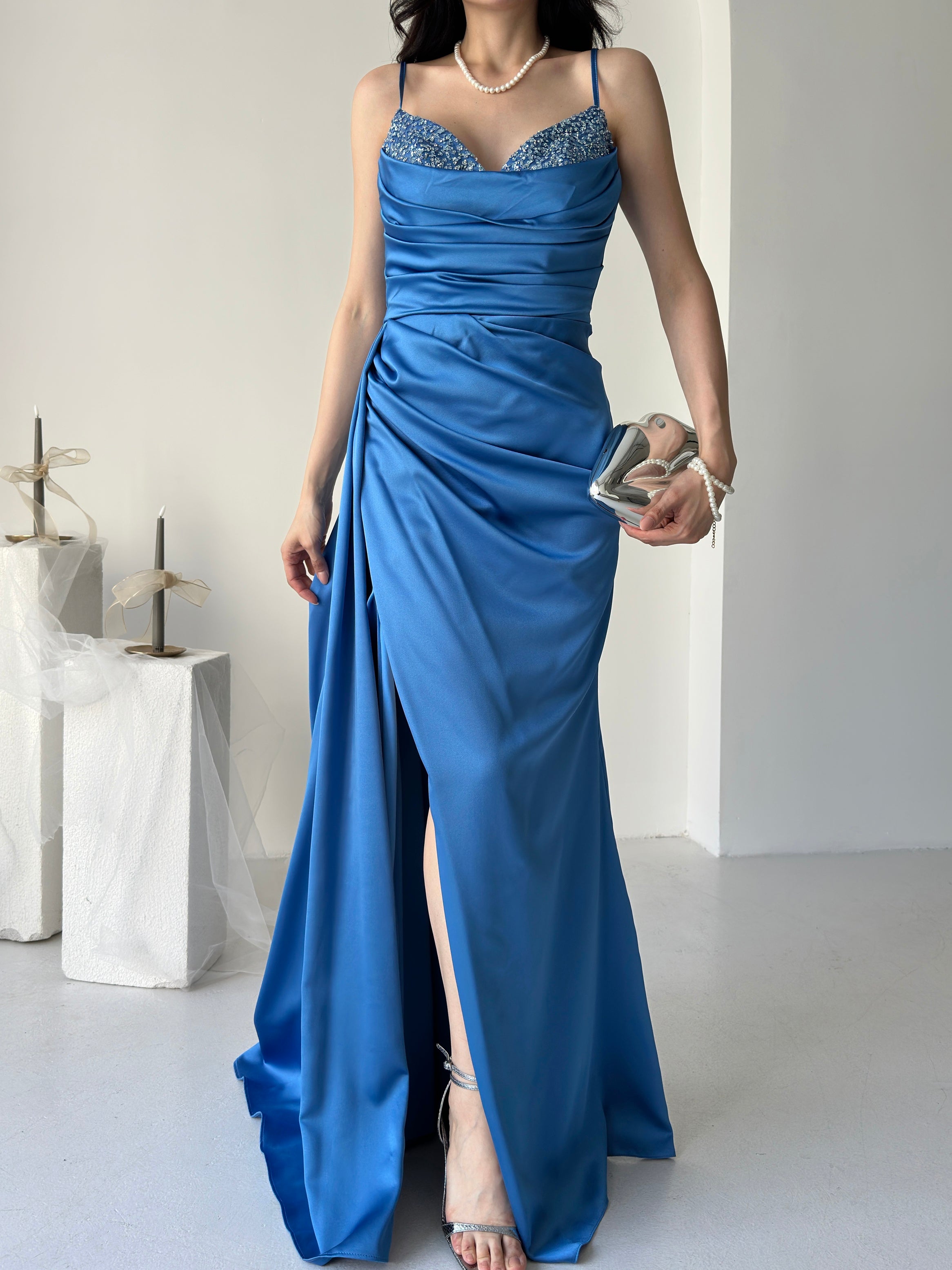 Embellished Cowl Neck Satin Maxi Dress - Blue
