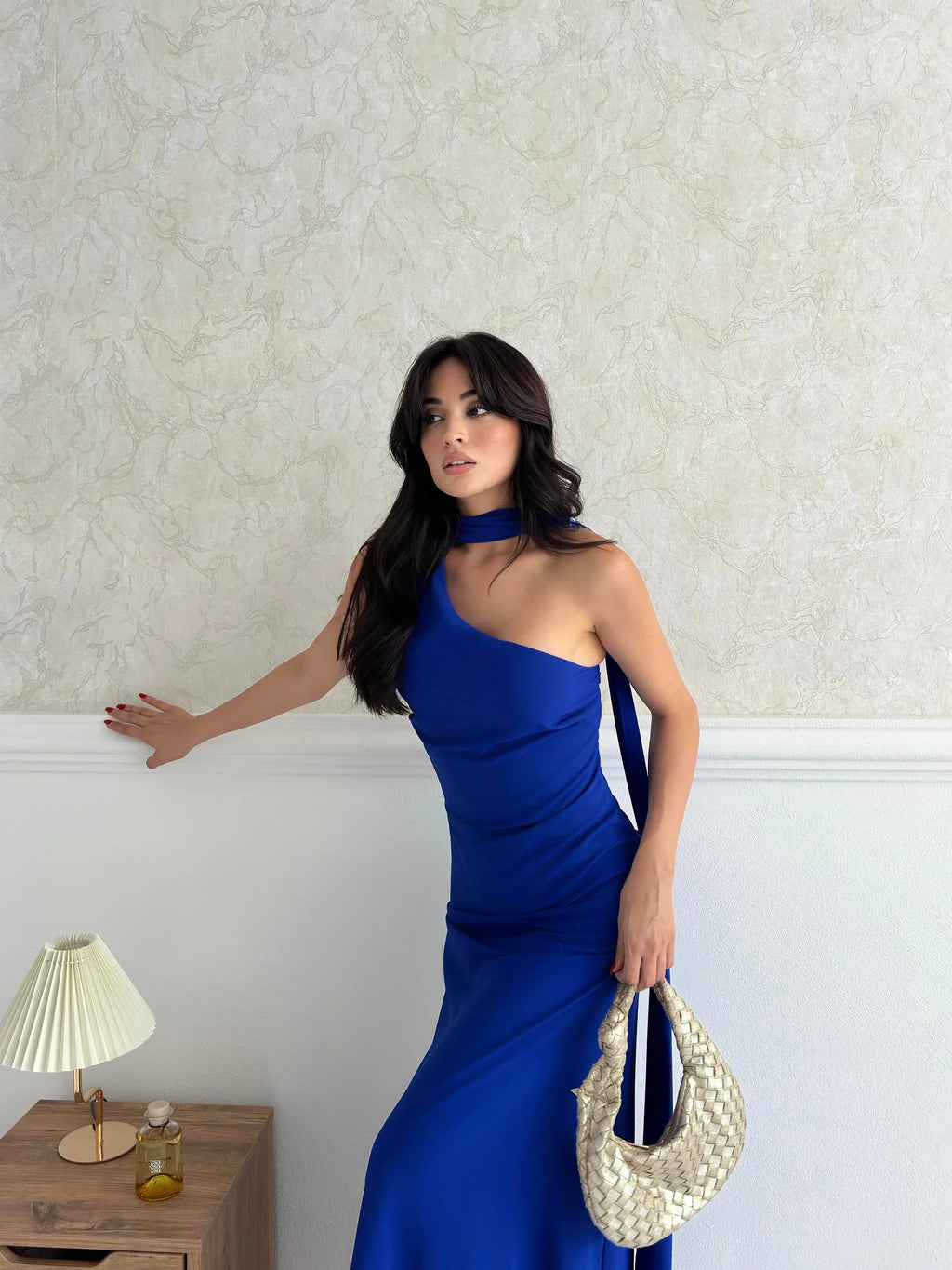 Scarf Detail One-Shoulder Maxi Dress - Saxe Blue - Mirelline Store