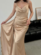 Rhinestone Strap Ruched Satin Maxi Dress - Beige