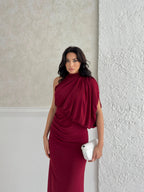 One-Shoulder Mock Neck Draped Maxi Dress - Burgundy - Mirelline Store