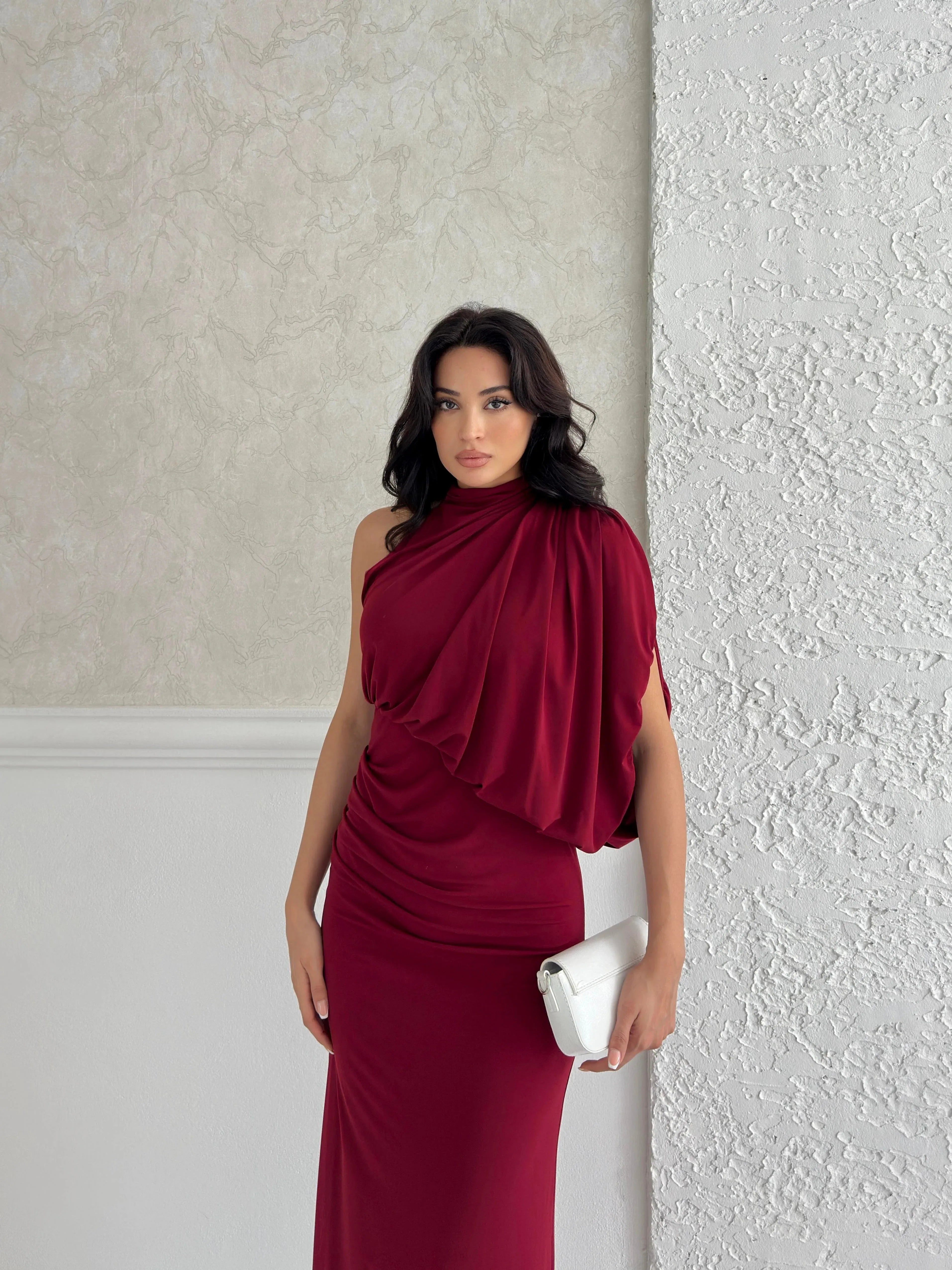 One-Shoulder Mock Neck Draped Maxi Dress - Burgundy - Mirelline Store