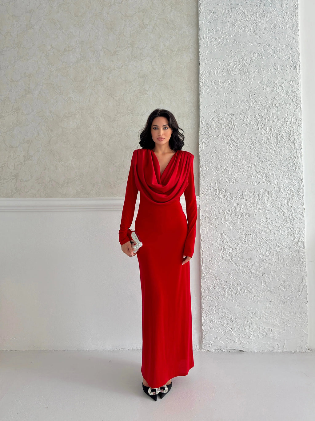 Cowl Neck Long Sleeve Maxi Dress - Red - Mirelline Store