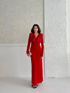 Cowl Neck Long Sleeve Maxi Dress - Red - Mirelline Store