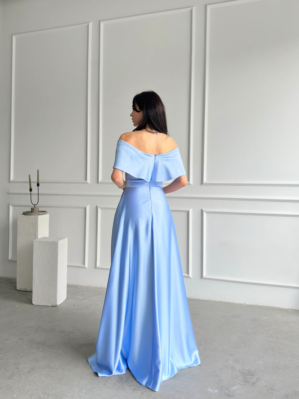 Off-Shoulder Bow Structured Satin Maxi Dress - Baby Blue