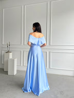 Off-Shoulder Bow Structured Satin Maxi Dress - Baby Blue