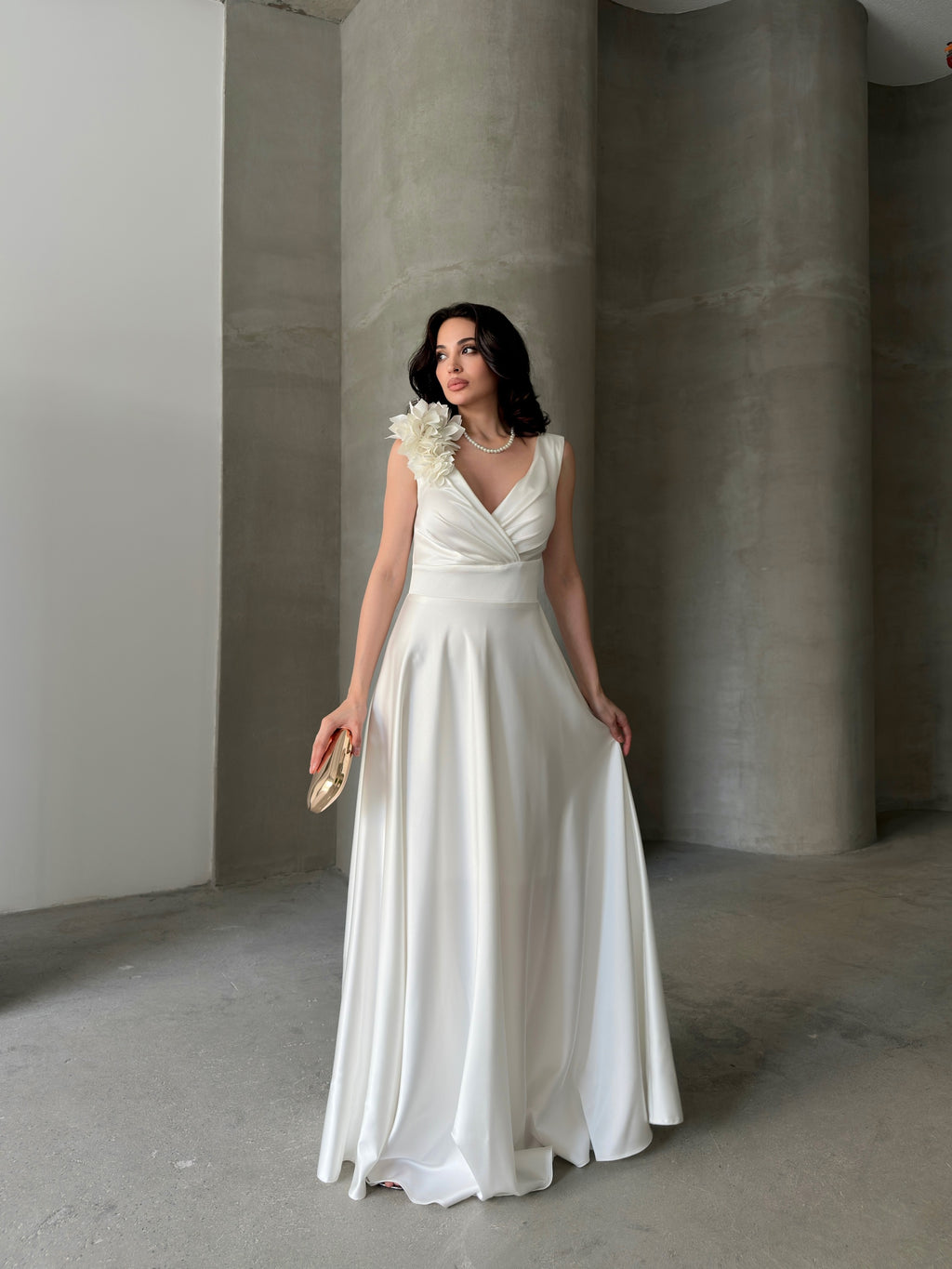 Surplice Neck Floral Shoulder Satin Maxi Dress - White