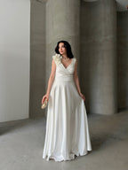 Surplice Neck Floral Shoulder Satin Maxi Dress - White