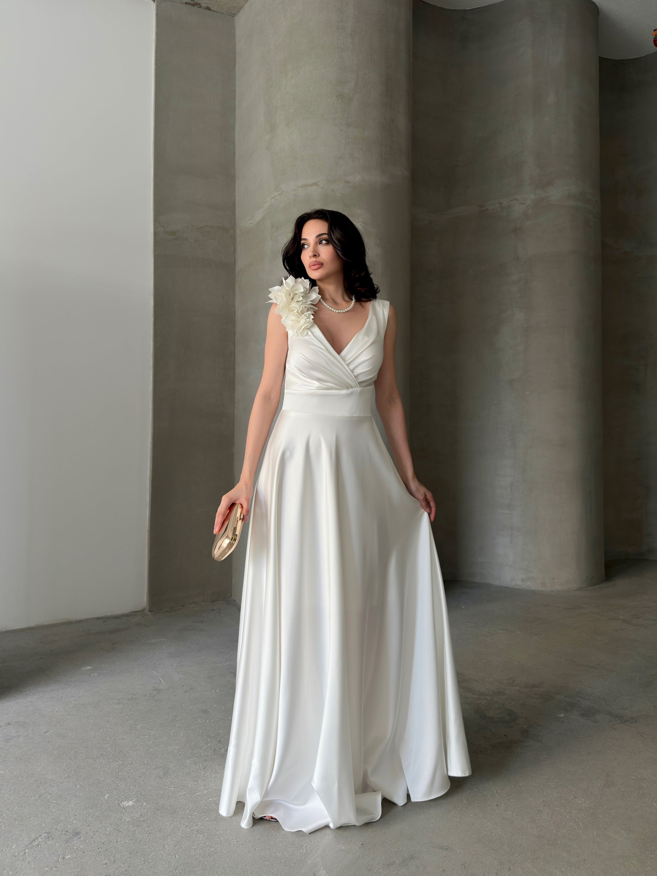 Surplice Neck Floral Shoulder Satin Maxi Dress - White