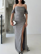 Sequined Off-Shoulder Slit Maxi Dress - Grey