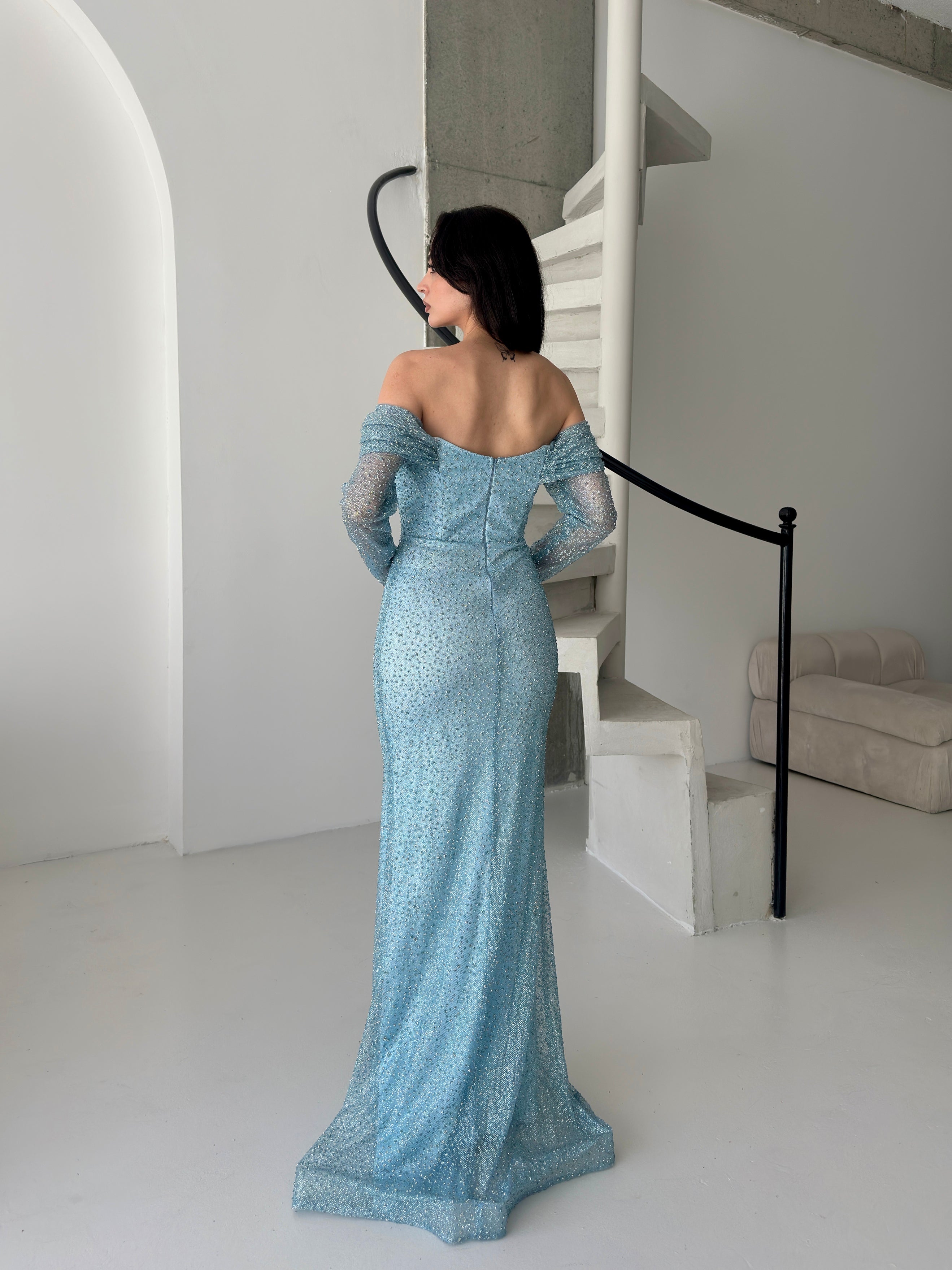 Beaded Off-Shoulder Long Sleeve Maxi Dress - Baby Blue