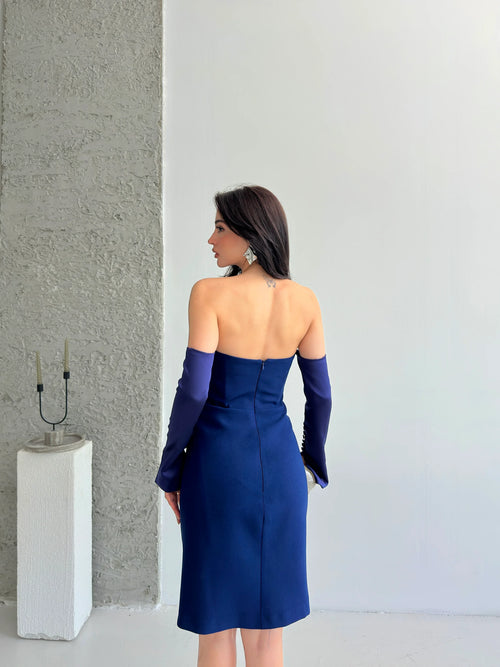 Detachable Sleeve Satin Midi Dress - Navy - Mirelline Store