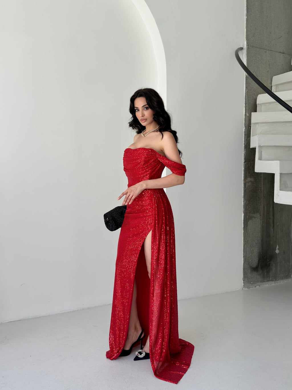 Sequined Off-Shoulder Slit Maxi Dress - Red