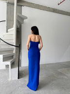 Embroidered Strapless Slit Maxi Dress - Royal Blue