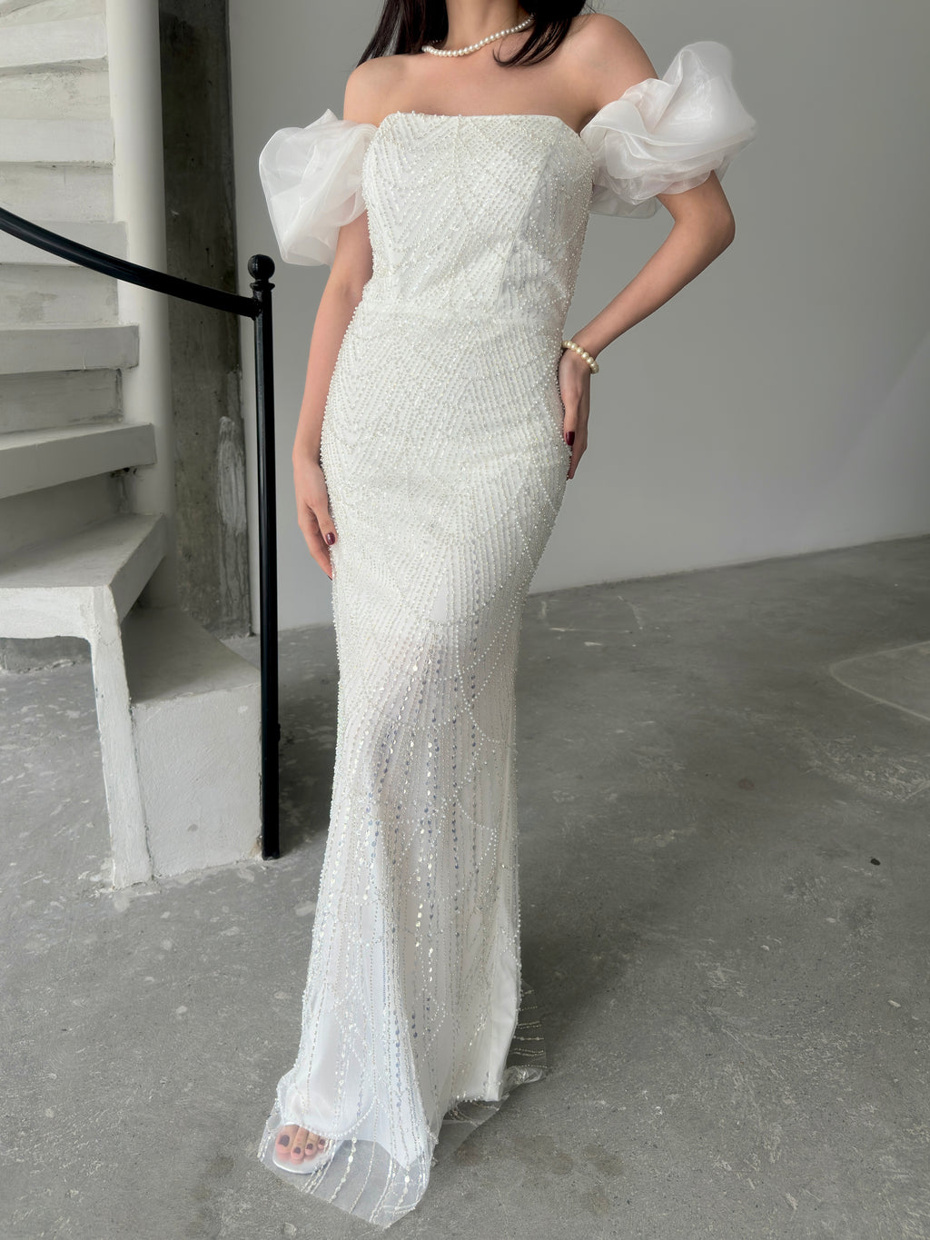 Beaded Off-Shoulder Puff Sleeve Maxi Dress - White