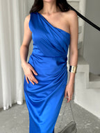 Draped One-Shoulder Satin Maxi Dress - Saxe Blue