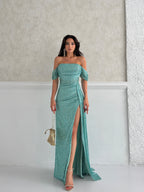 Sequined Off-Shoulder Slit Maxi Dress - Mint