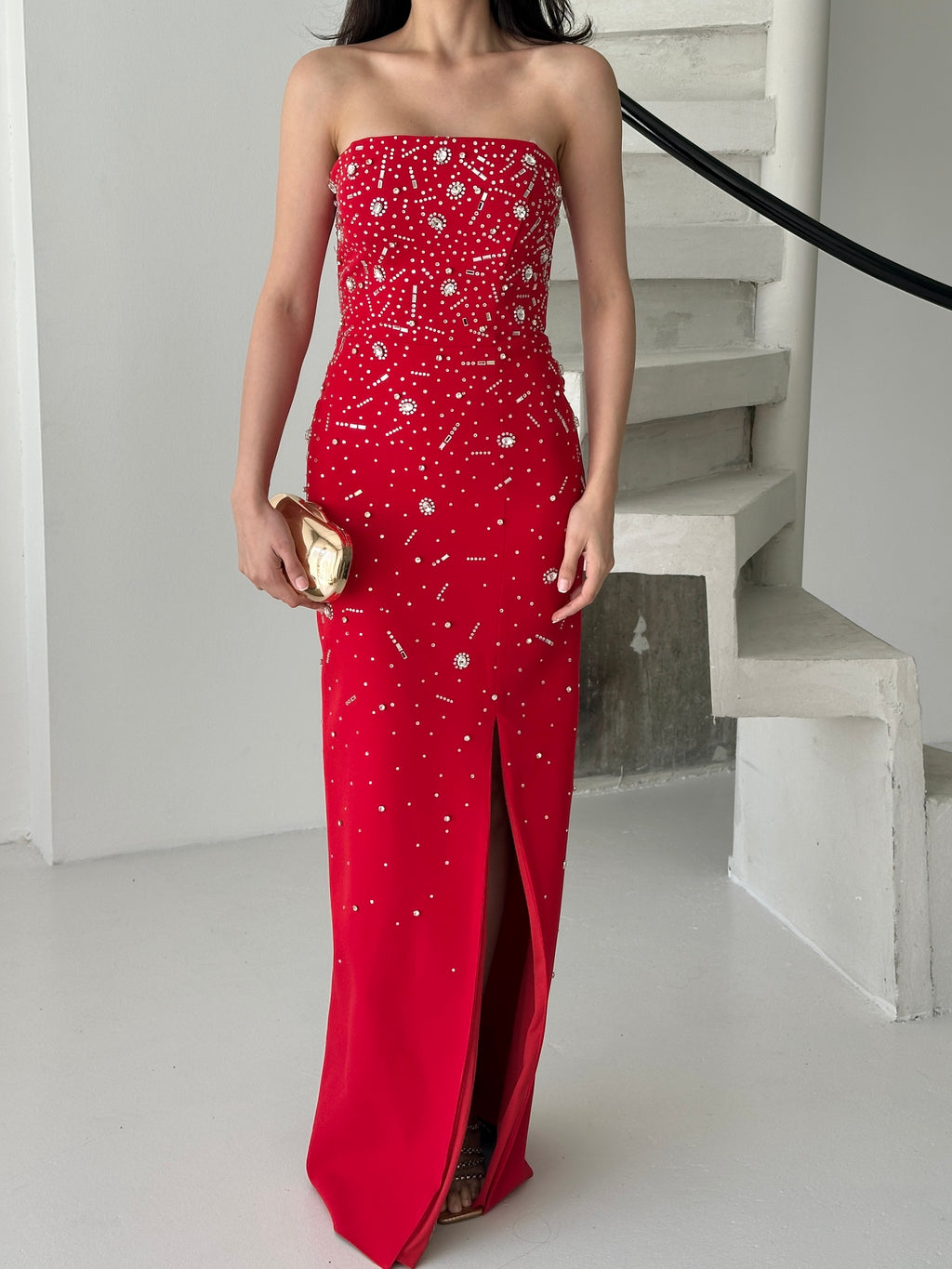 Embroidered Strapless Slit Maxi Dress - Red