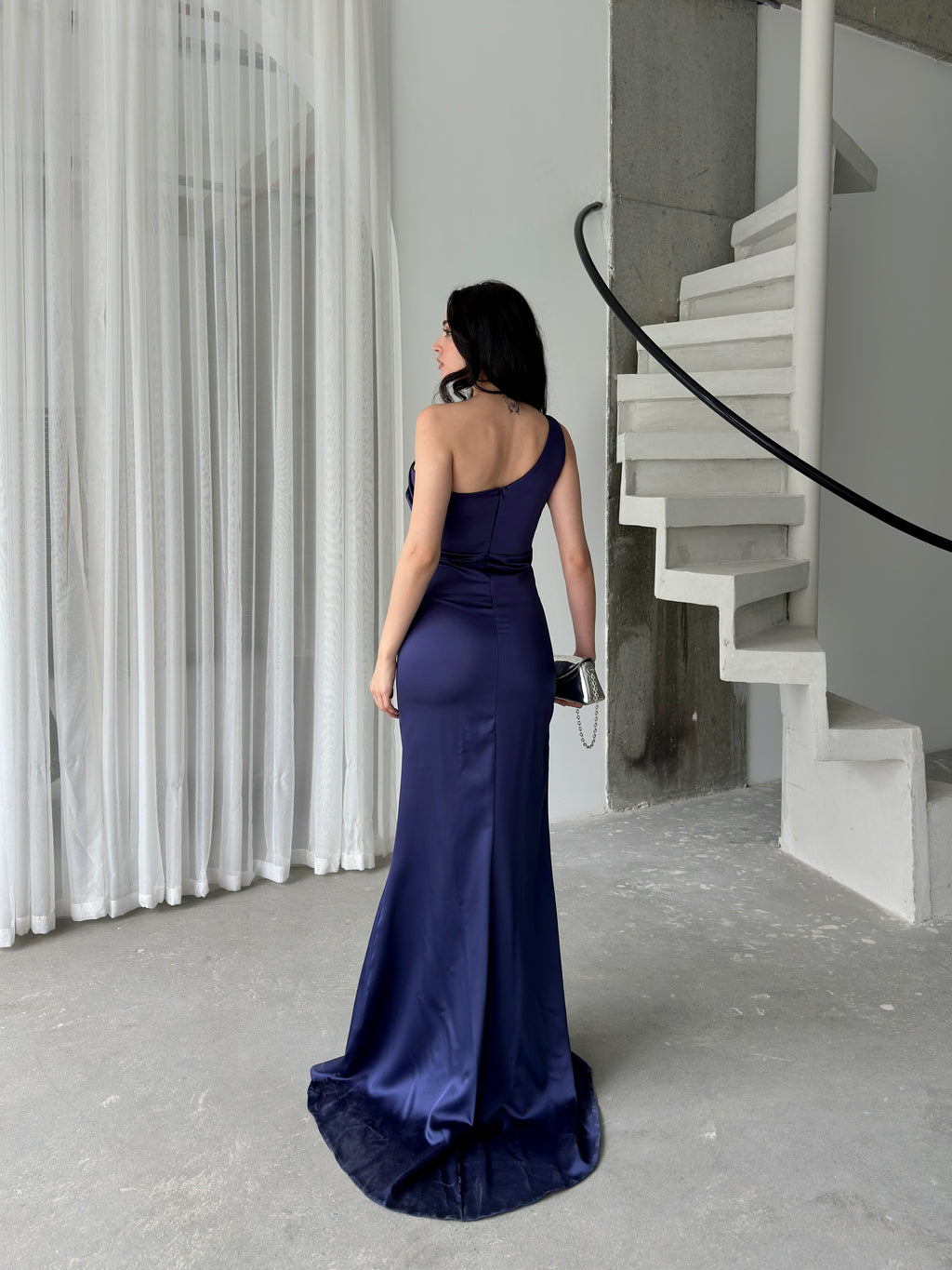 Draped One-Shoulder Satin Maxi Dress - Navy