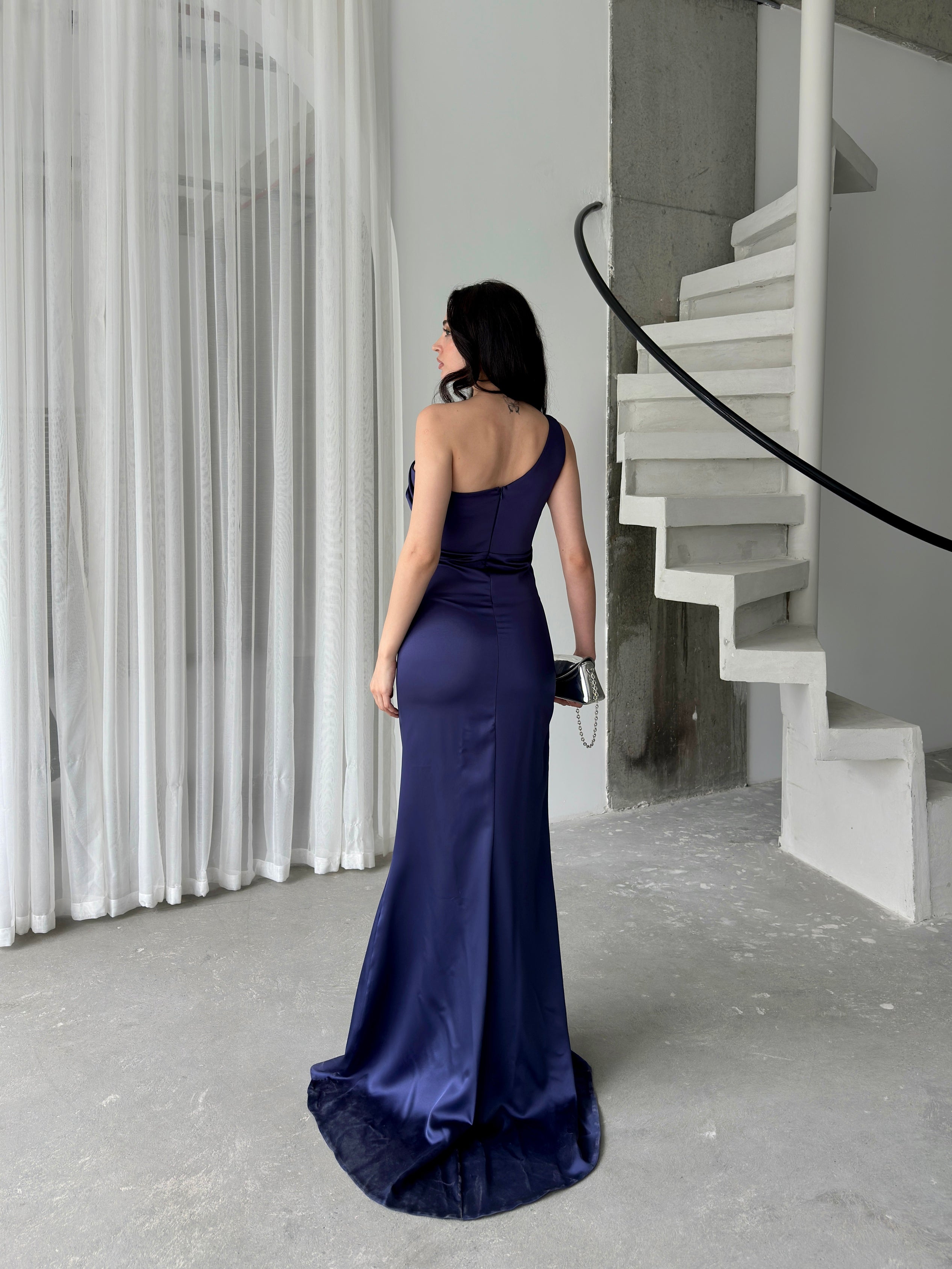 Draped One-Shoulder Satin Maxi Dress - Navy