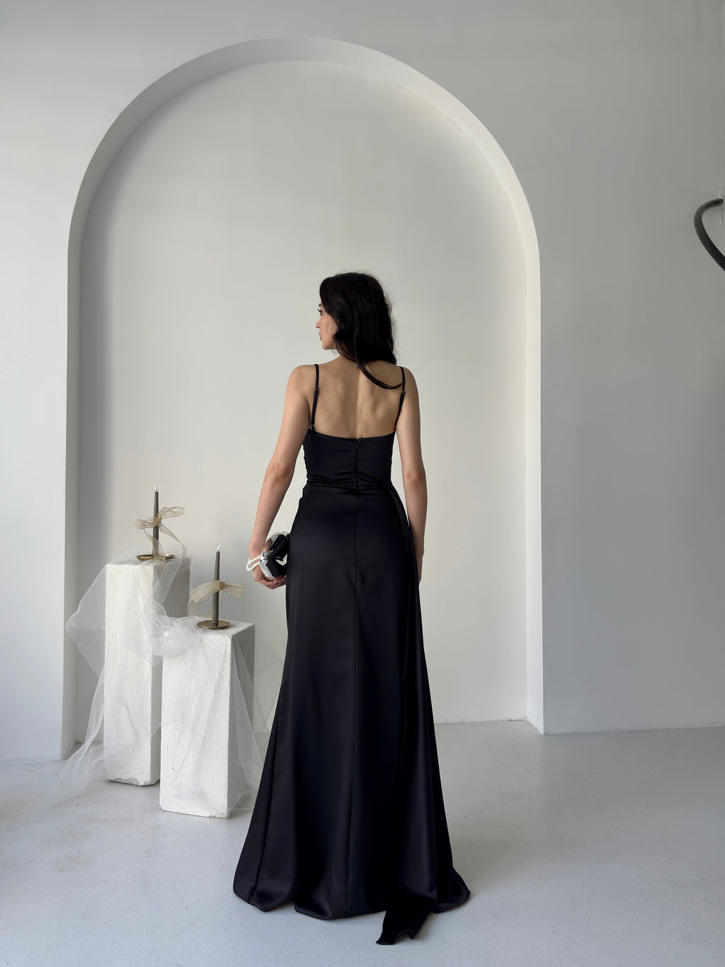 Embellished Cowl Neck Satin Maxi Dress - Black