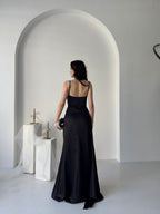 Embellished Cowl Neck Satin Maxi Dress - Black