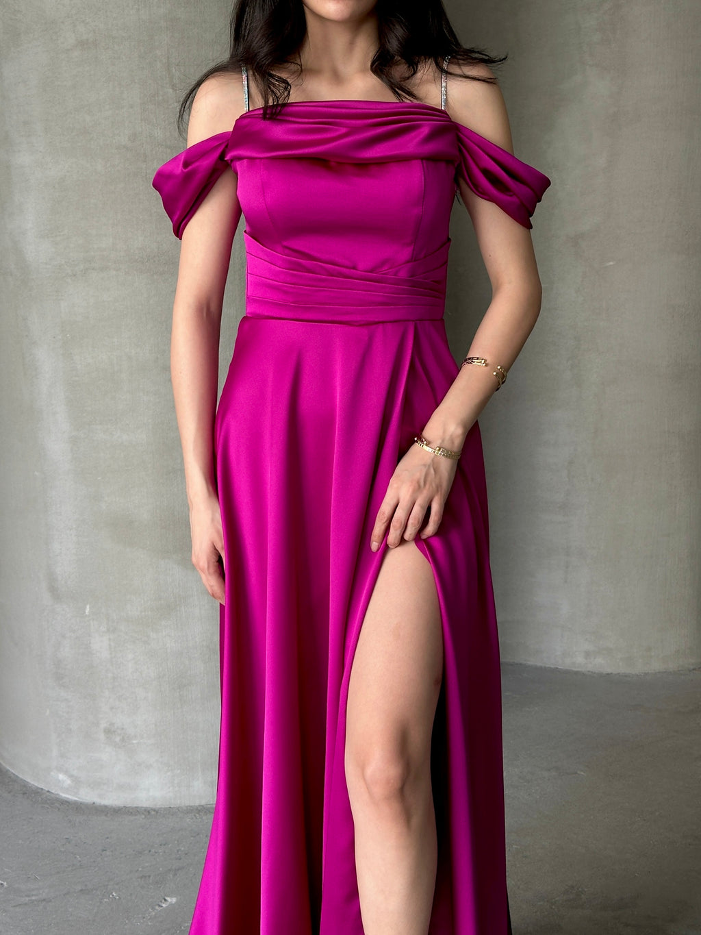 Rhinestone Strap Off-Shoulder Satin Maxi Dress - Fuchsia