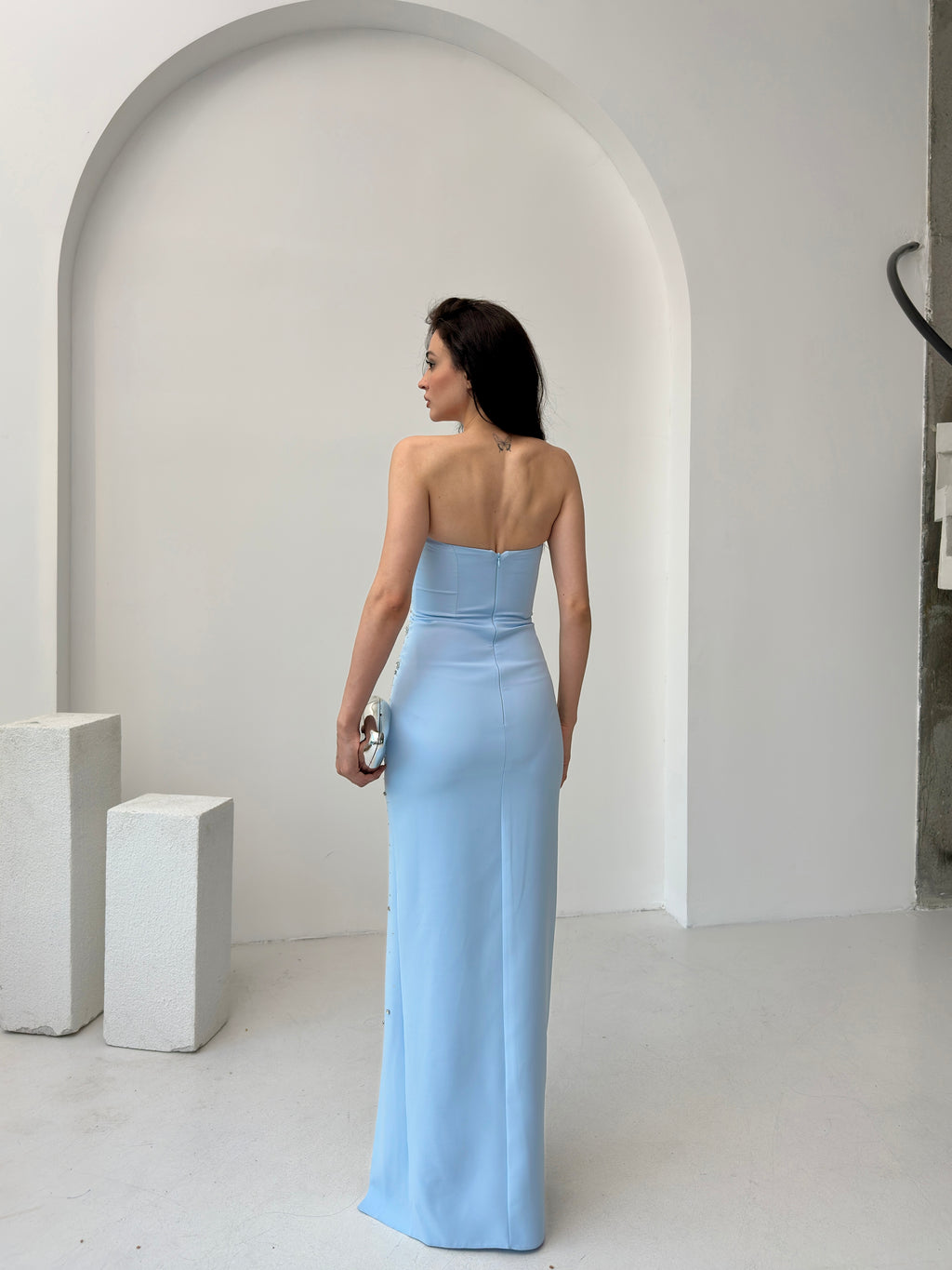 Embroidered Strapless Slit Maxi Dress - Baby Blue