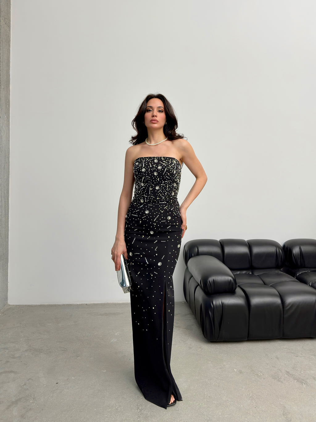 Embroidered Strapless Slit Maxi Dress - Black