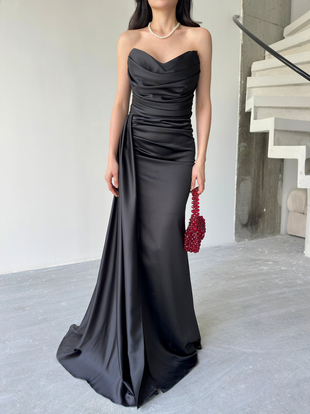 Draped Strapless Satin Maxi Dress - Black