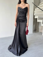 Draped Strapless Satin Maxi Dress - Black