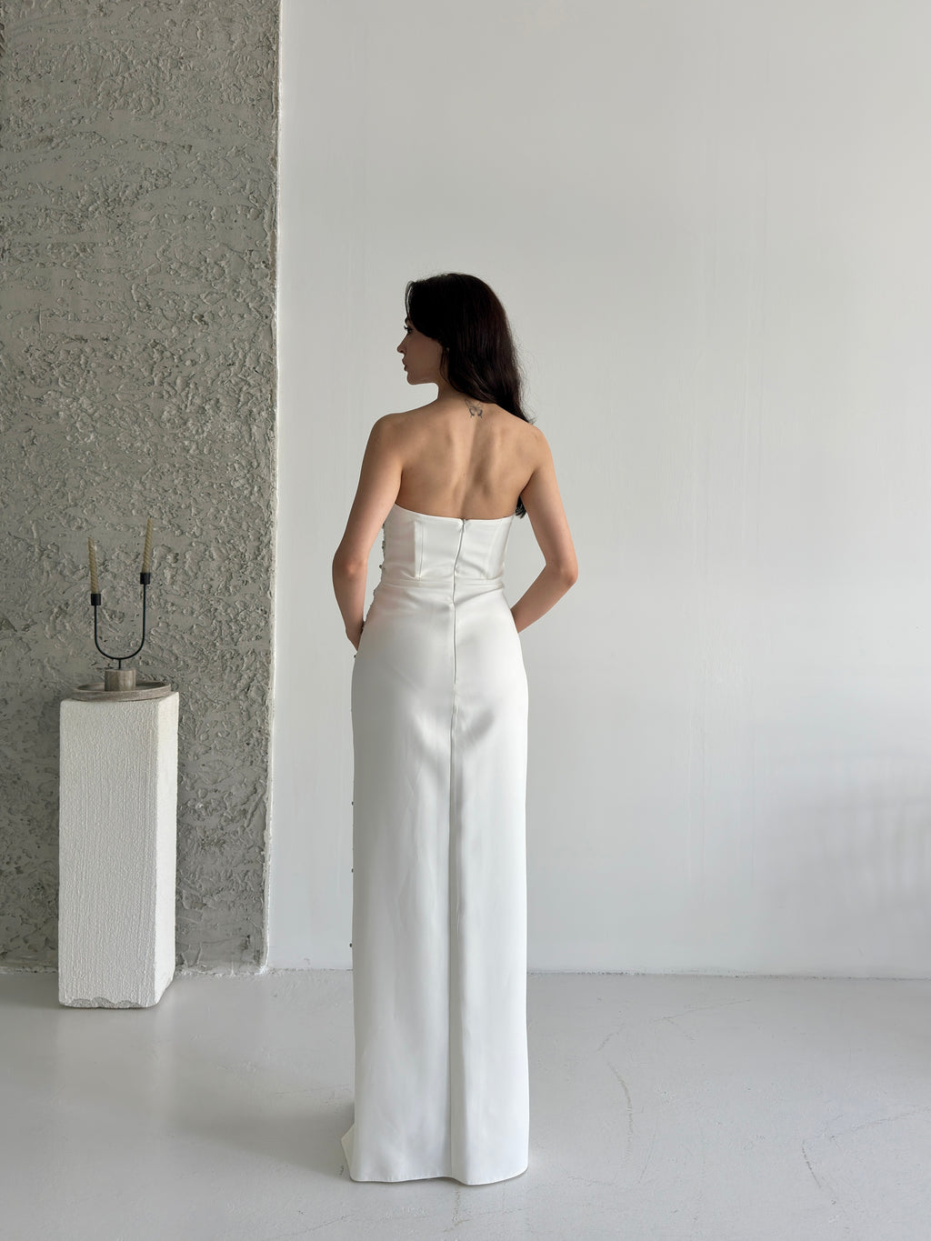 Embroidered Strapless Slit Maxi Dress - White