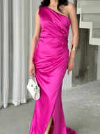 Draped One-Shoulder Satin Maxi Dress - Fuchsia