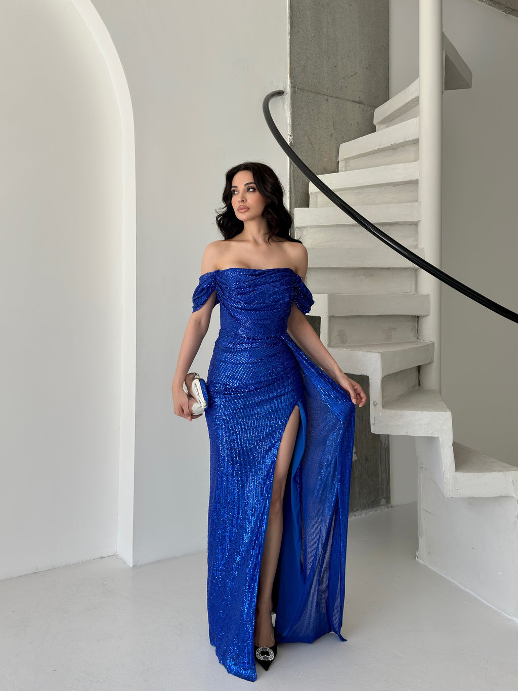 Sequined Off-Shoulder Slit Maxi Dress - Royal Blue