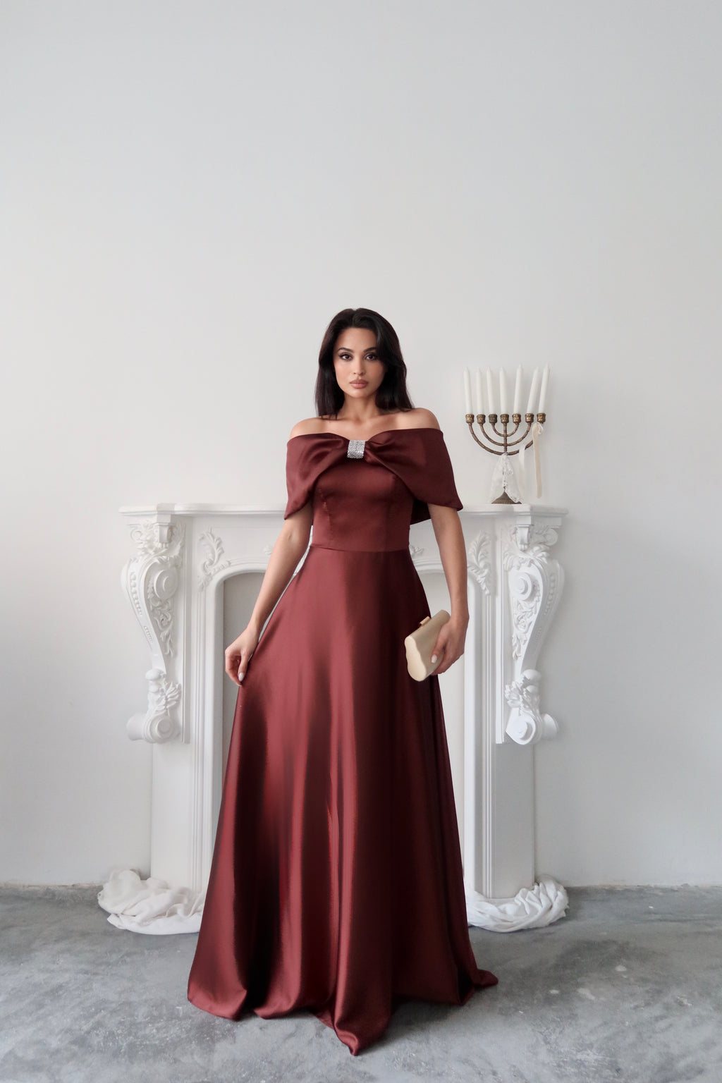 Off-Shoulder Bow Structured Satin Maxi Dress - Deep Brown