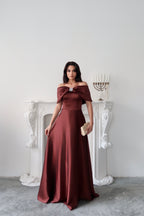 Off-Shoulder Bow Structured Satin Maxi Dress - Deep Brown