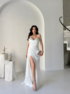 Embellished Cowl Neck Satin Maxi Dress - White