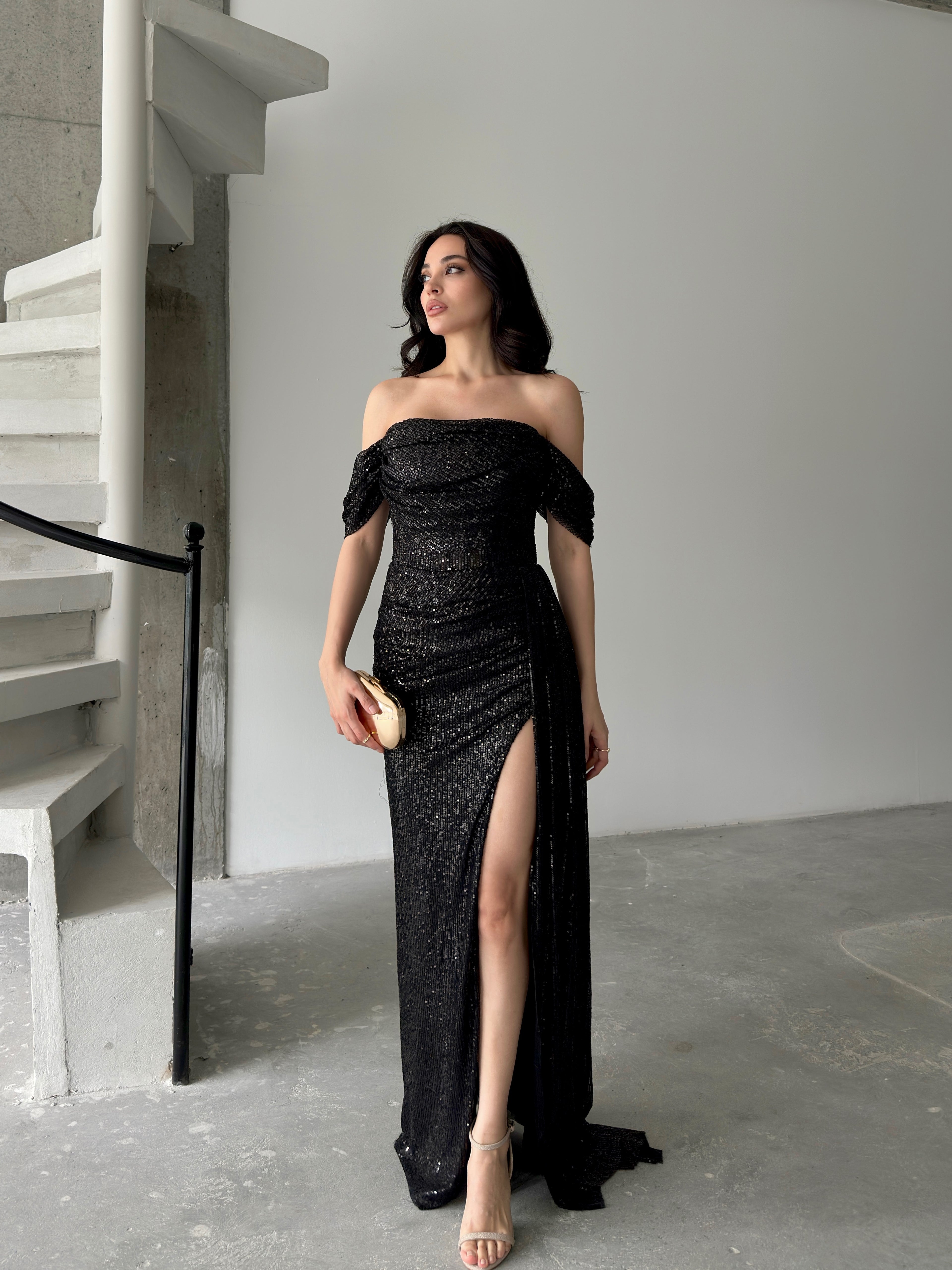 Sequined Off-Shoulder Slit Maxi Dress - Black