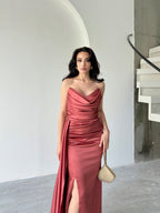 Draped Strapless Satin Maxi Dress - Cinnamon