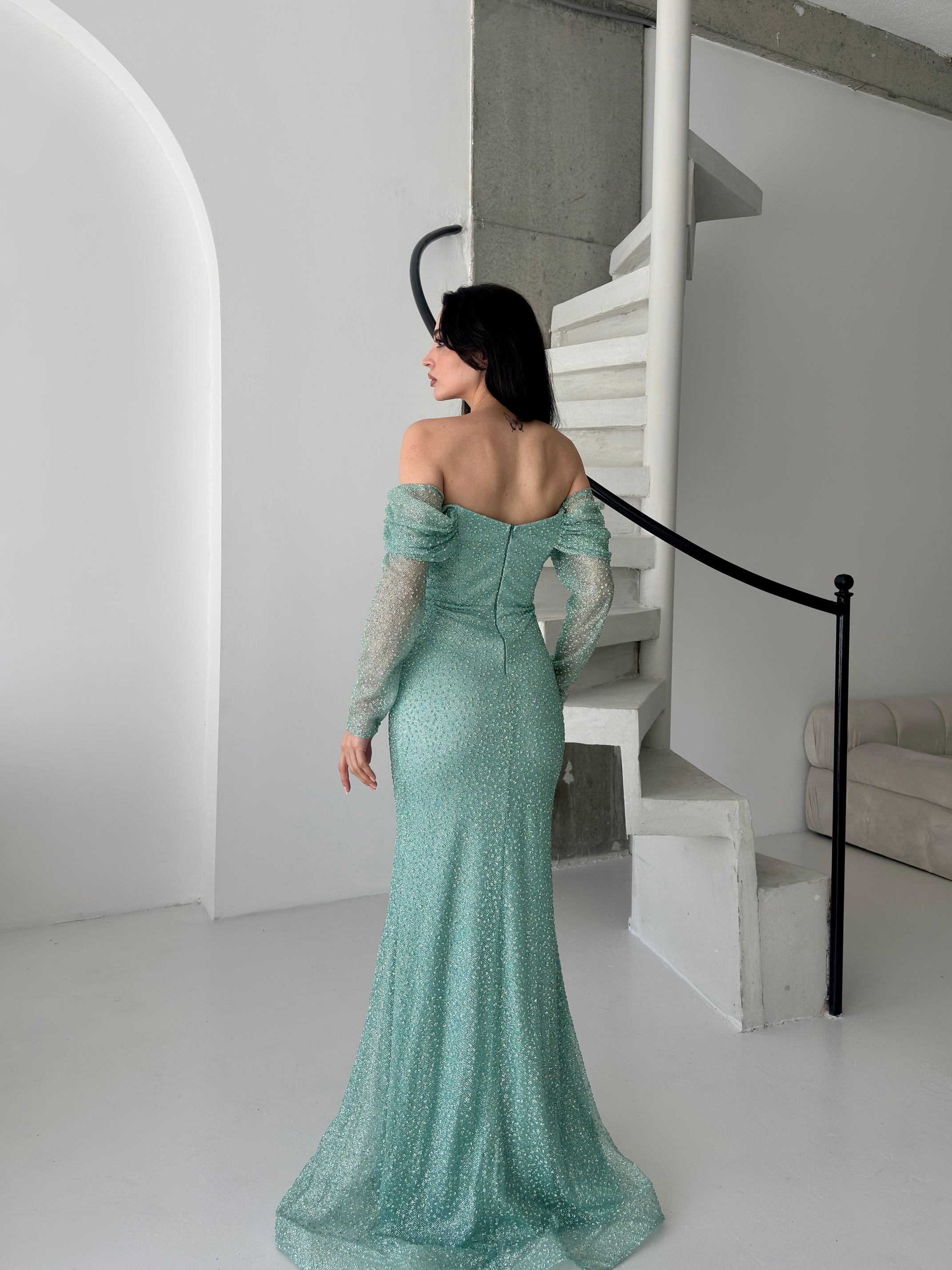 Beaded Off-Shoulder Long Sleeve Maxi Dress - Mint