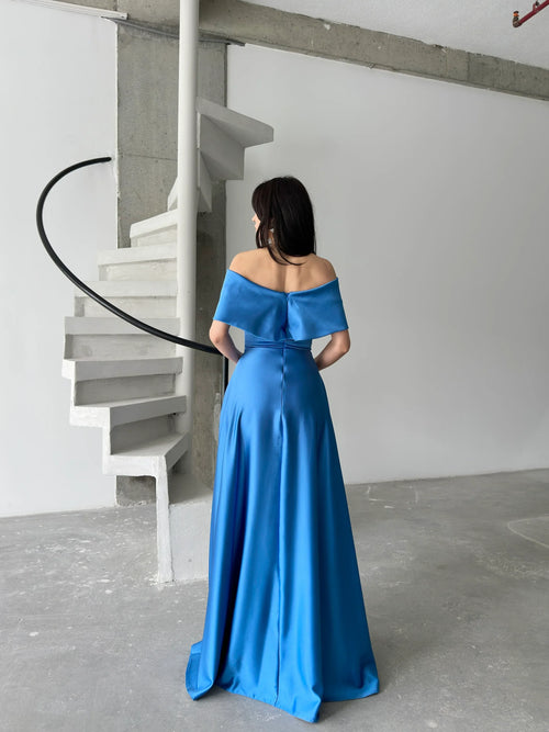 Bow Detail Off-Shoulder Satin Maxi Dress - Blue - Mirelline Store