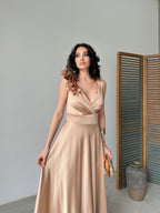 Surplice Neck Floral Shoulder Satin Maxi Dress - Gold