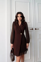 Pleated Side Double-Breasted Blazer Dress - Brown - Mirelline Store