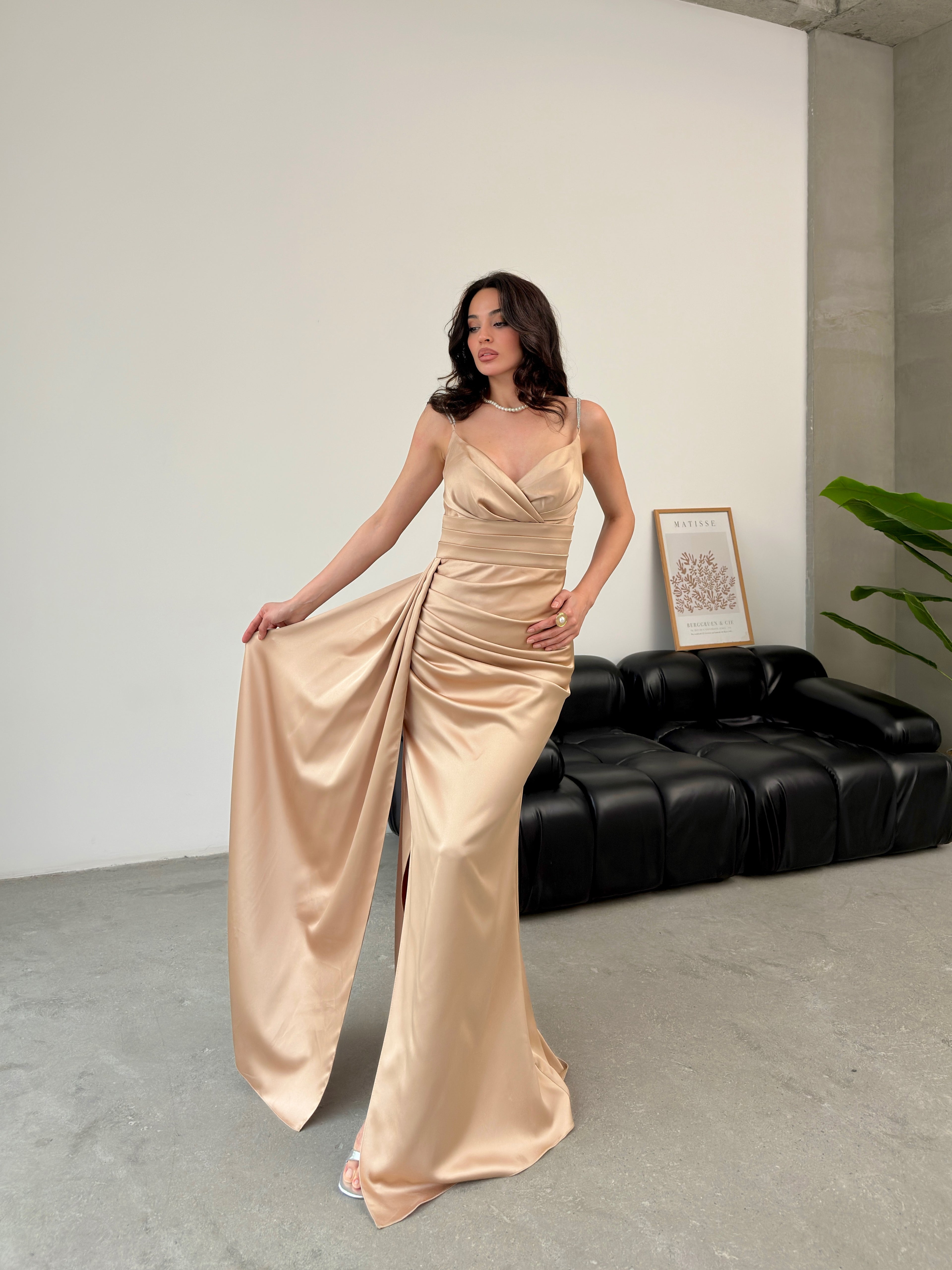 Rhinestone Strap Ruched Satin Maxi Dress - Beige