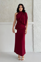 One-Shoulder Mock Neck Draped Maxi Dress - Burgundy - Mirelline Store
