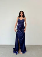 Embellished Cowl Neck Satin Maxi Dress - Navy